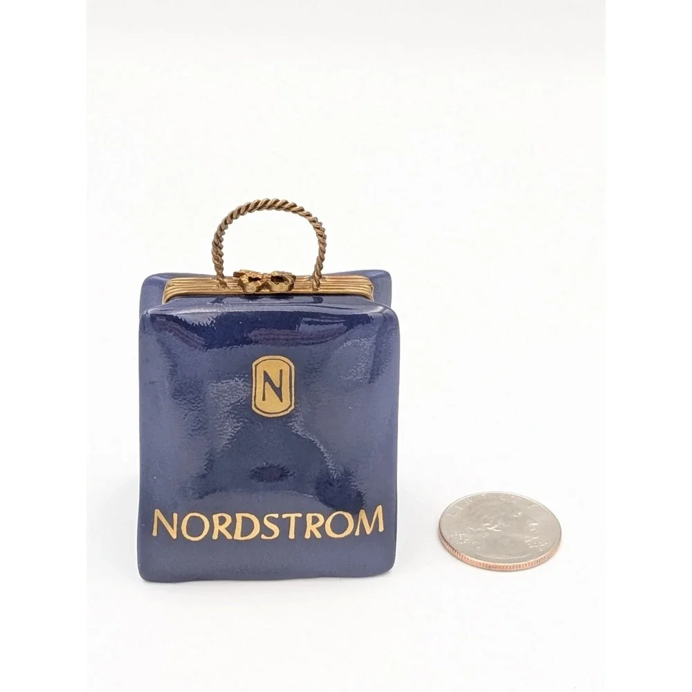 Rare Retired Limoges Blue Nordstrom Shopping Bag Trinket Box Hand-Painted France